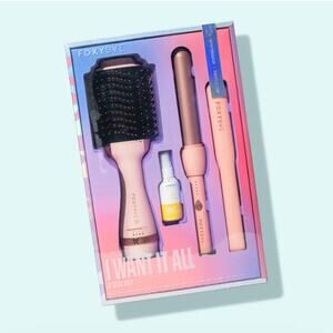 Foxybae I Want It All Blowout Brush, Flat Iron, Curling Wand and Heat Spray Set